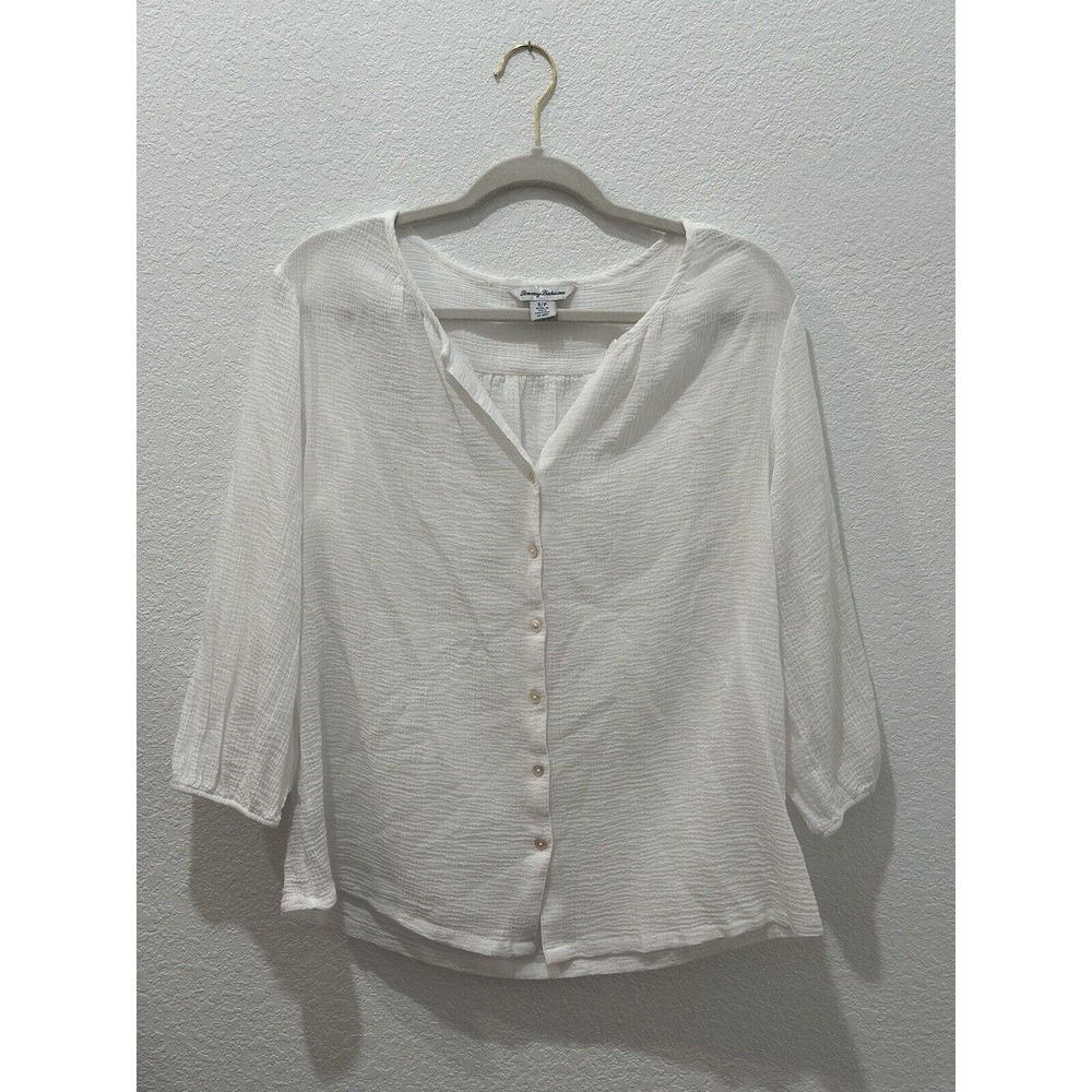 Womens Tommy Bahama White Sheer Cotton Button Down Blouse Long Sleeve Size Small